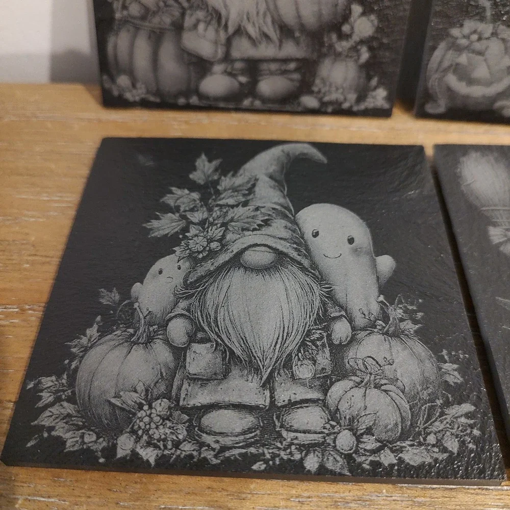 Laser Engraved Slate Coasters Halloween Fall Gnome Holiday Theme Set Of 4